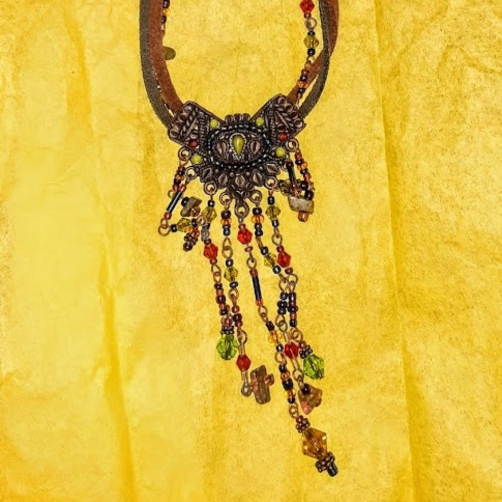 LEATHER NECKLACE/BEAD/CRYSTAL WITH EARRINGS SET